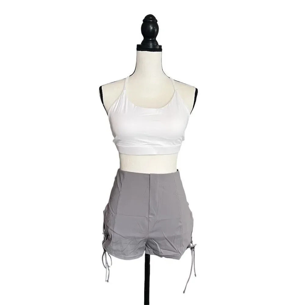 Halara Gray Lace Up High Waisted Shorts Side Tie Stretch Size L NWT